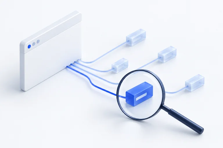 Illustration of a magnifying glass highlighting one blue request among several routes leaving a browser window.