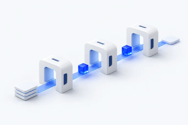 Illustration of matching blue cubes travelling through three connected stages, representing a value passed between API calls.