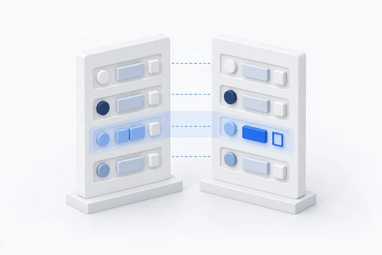 Illustration comparing two document structures, with one changed row highlighted in blue across both versions.
